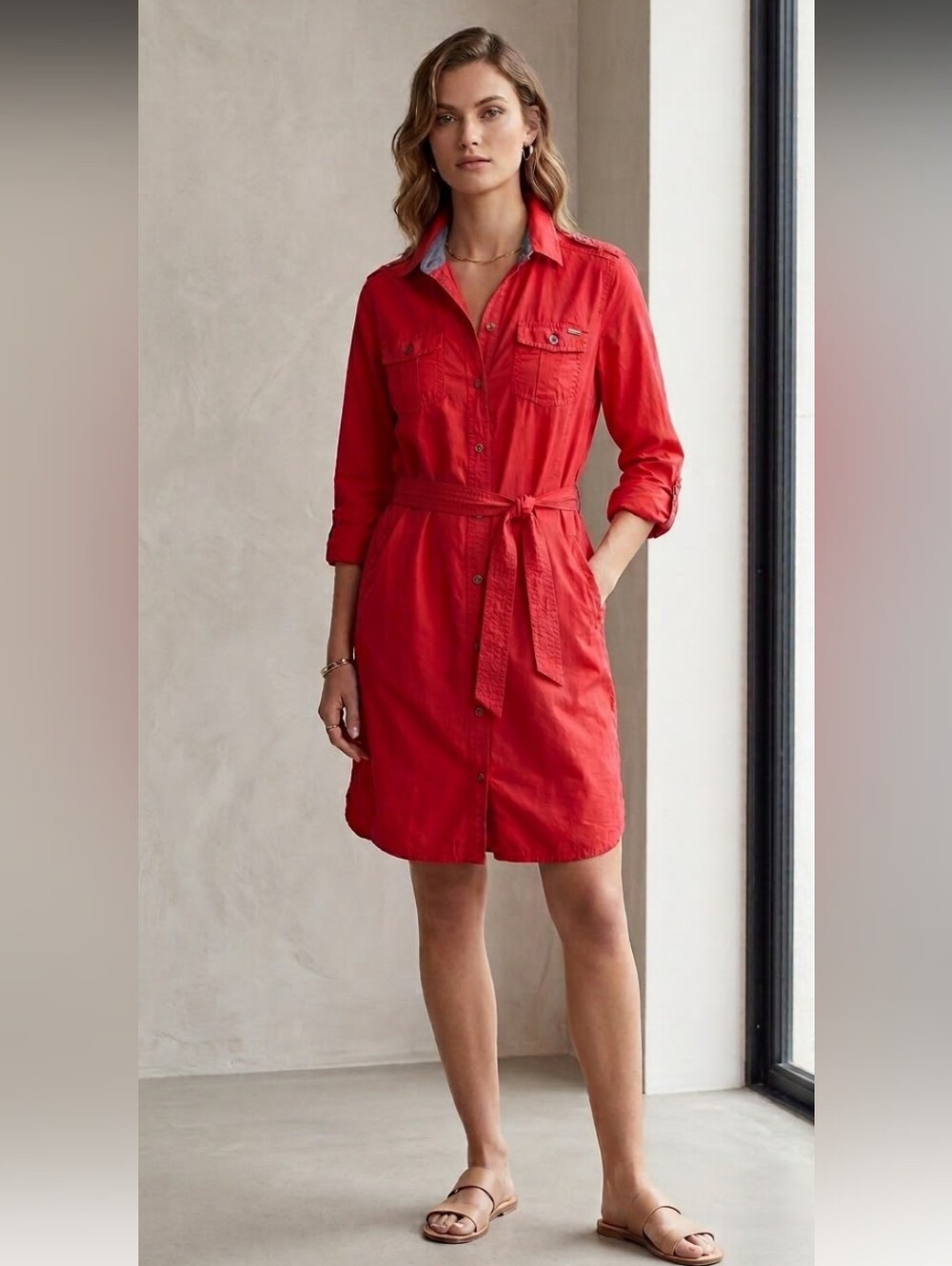 Tommy Hilfiger Salmon Red Poplin Shirt Mini Dress Roll Up Sleeves & Pockets S